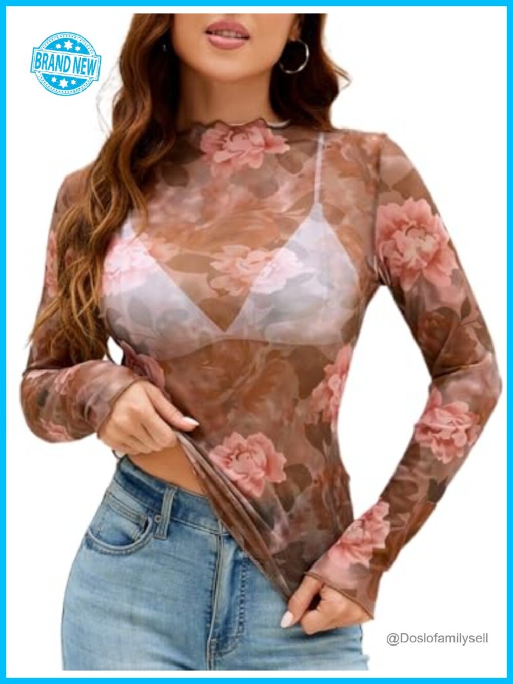 Women's Mesh Long Sleeve Top Lace Sheer Mock Neck See Through Blouse